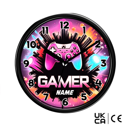 Gaming-themed wall clock with controller design and 'Gamer' text on a colorful background.