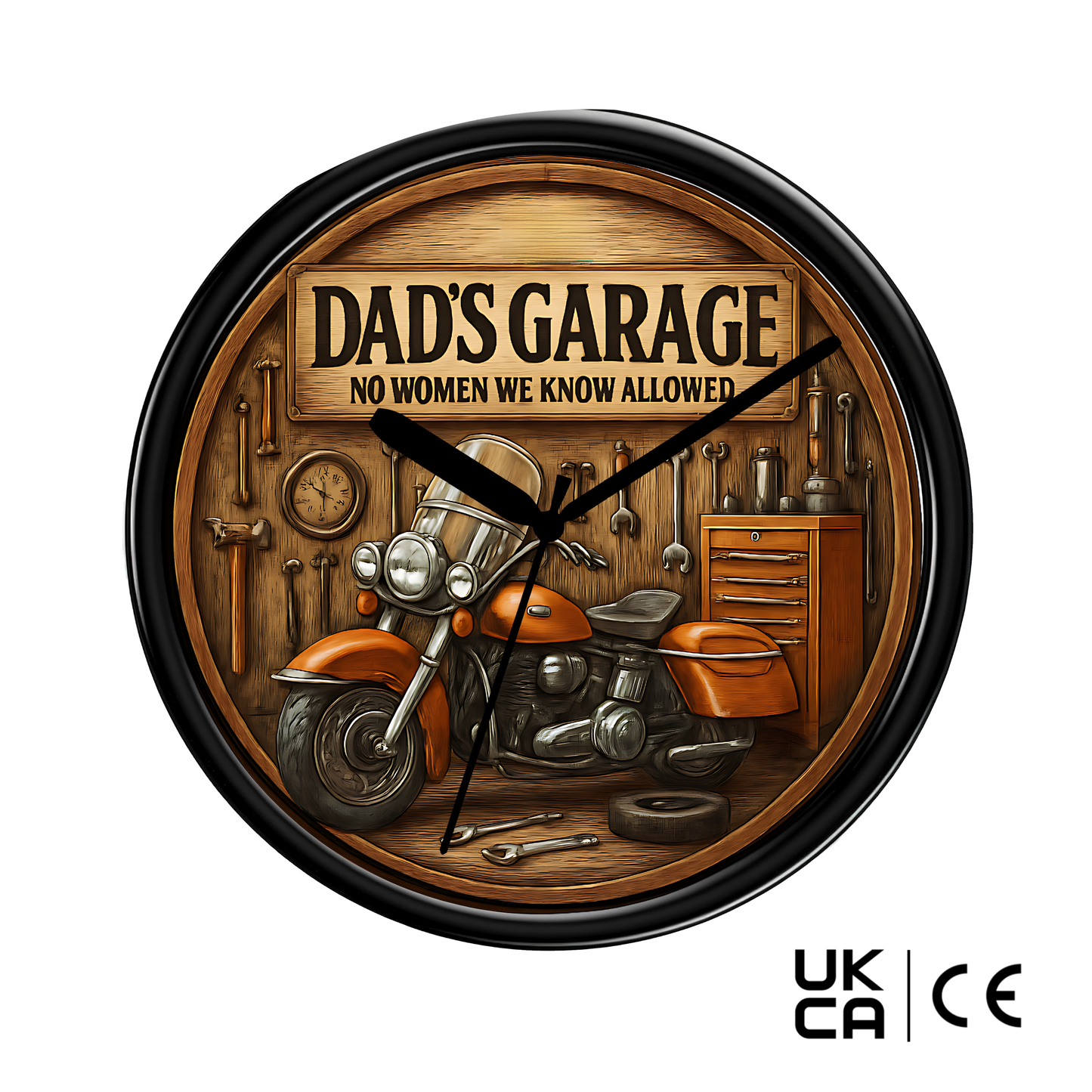 Wall clock with motorcycle design and 'Dad's Garage' text on a wooden background