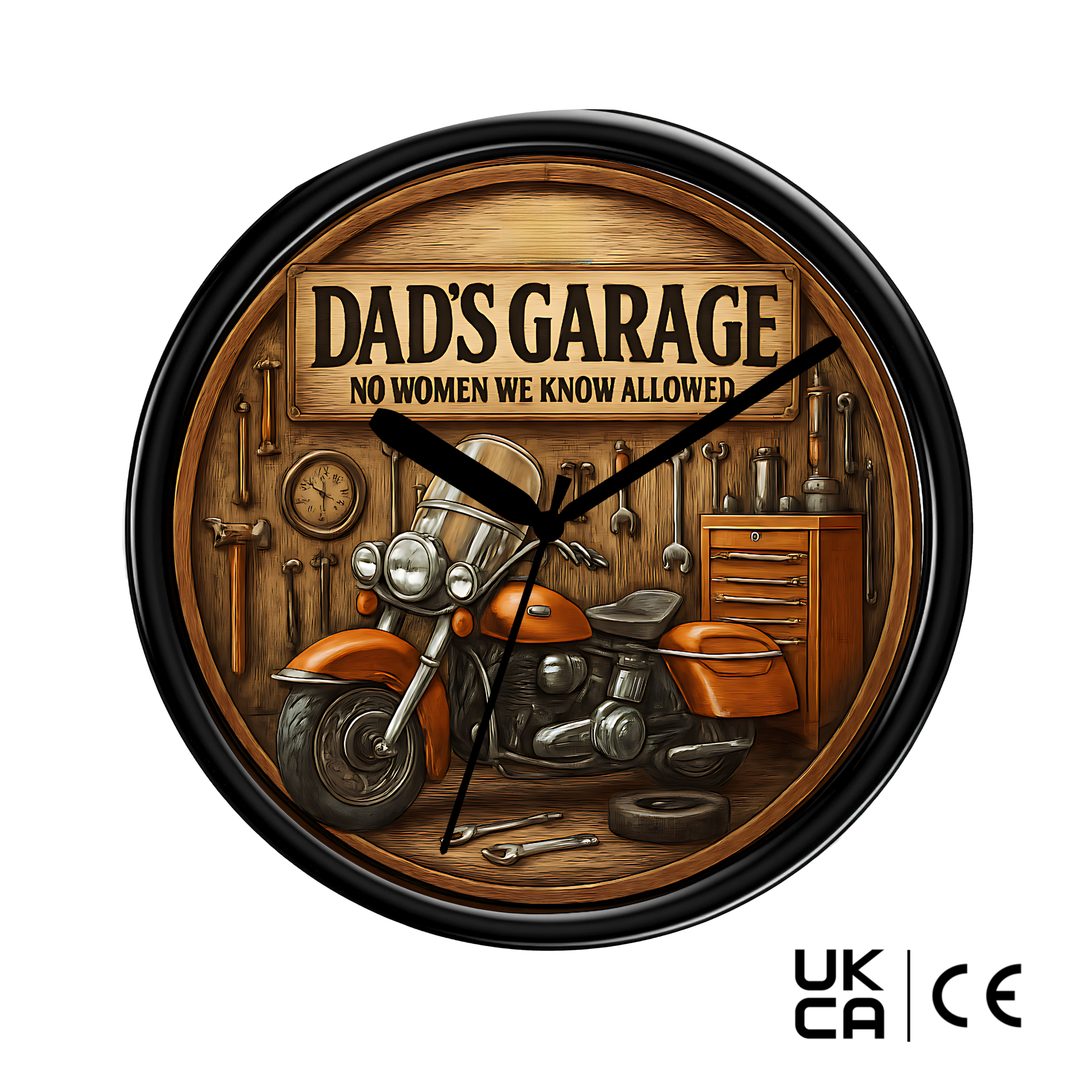 Wall clock with motorcycle design and 'Dad's Garage' text on a wooden background