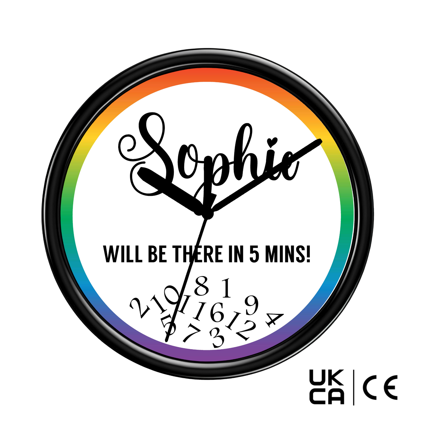 Wall clock with rainbow border and text 'Sophie will be there in 5 mins!' on a white background