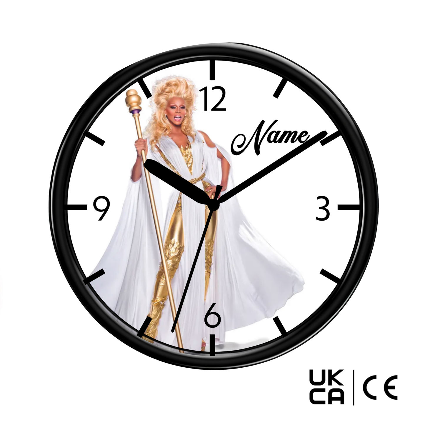 Wall clock with a person in a white robe and gold headdress design, with 'Name' text and certification logos.