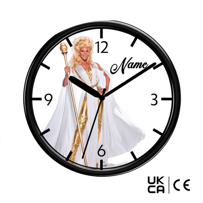 Wall clock with a person in a white robe and gold headdress design, with 'Name' text and certification logos.