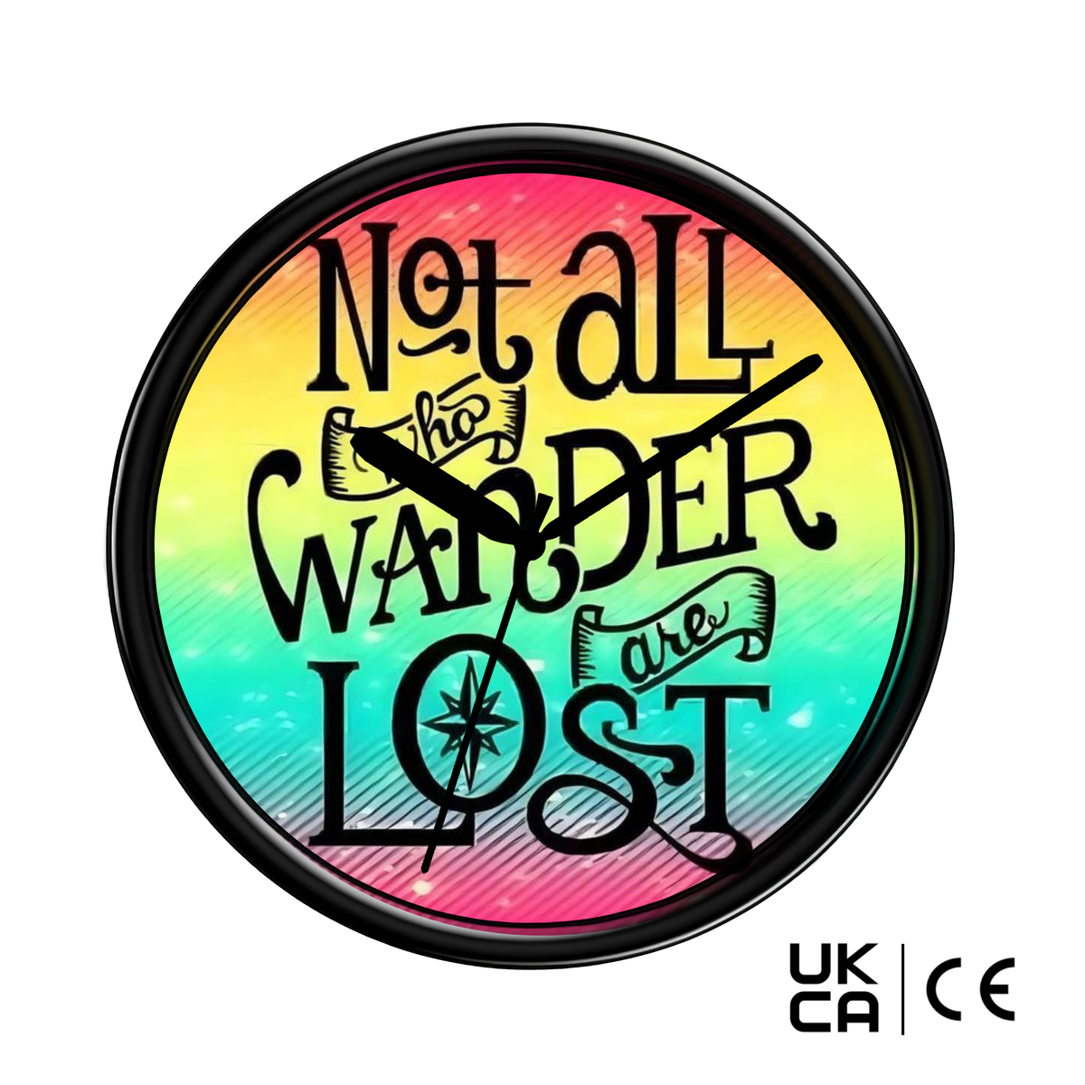 Silent clock with colourful gradient background and text 'Not all who wander are lost' on a white background.