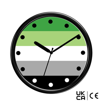 Round wall clock with Aromantic green and grey design on a white background
