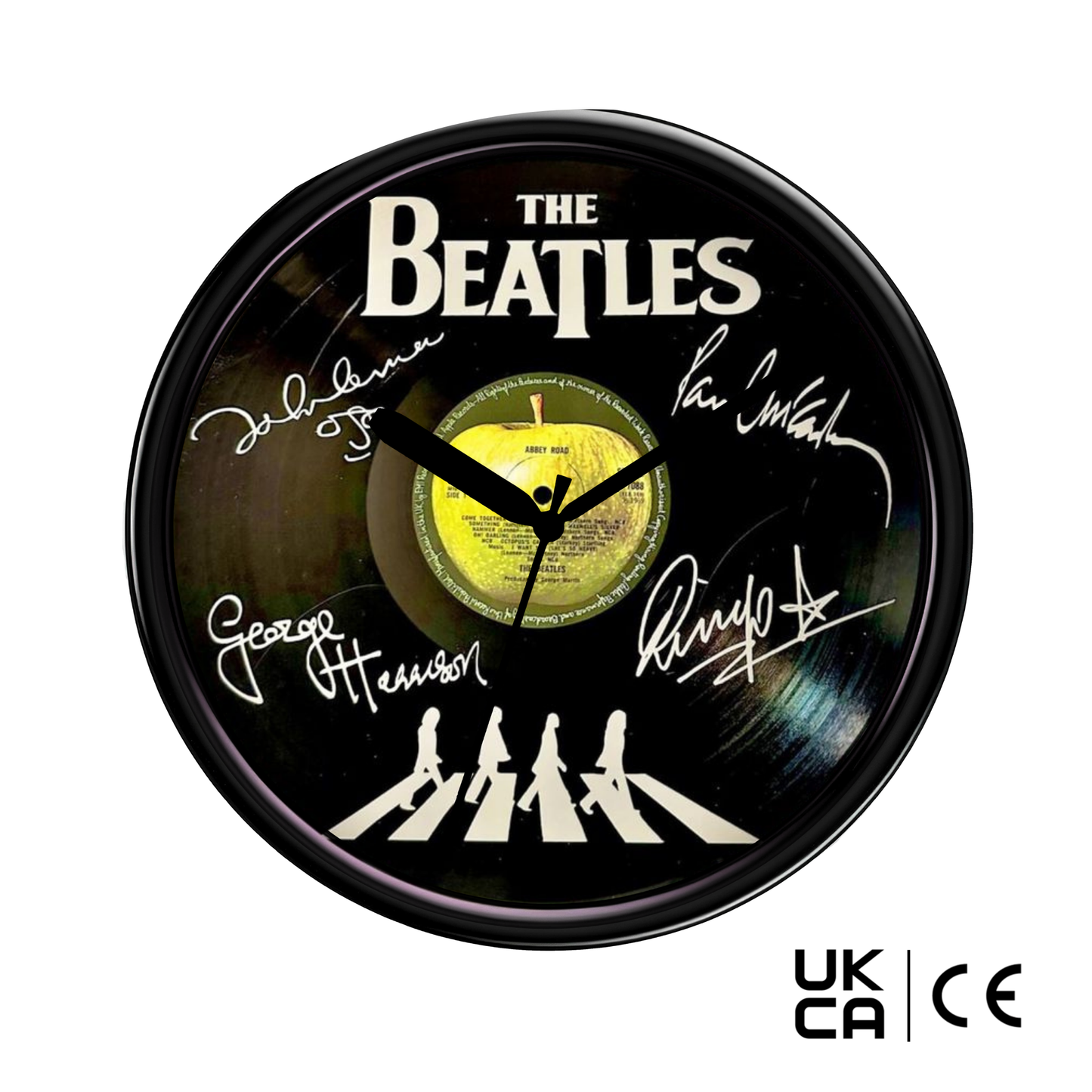Wall clock designed with The Beatles' Abbey Road album cover and signatures on a white background.
