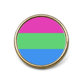 Gold pin badge on a plain white background featuring the polysexual PI flag