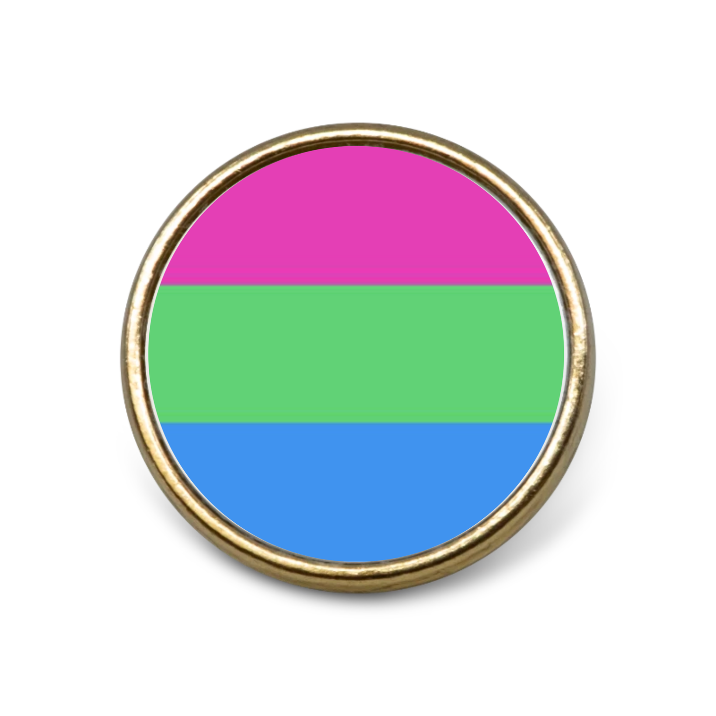 Gold pin badge on a plain white background featuring the polysexual PI flag