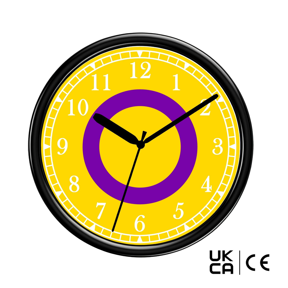 Yellow wall clock with purple center and black frame on a white background