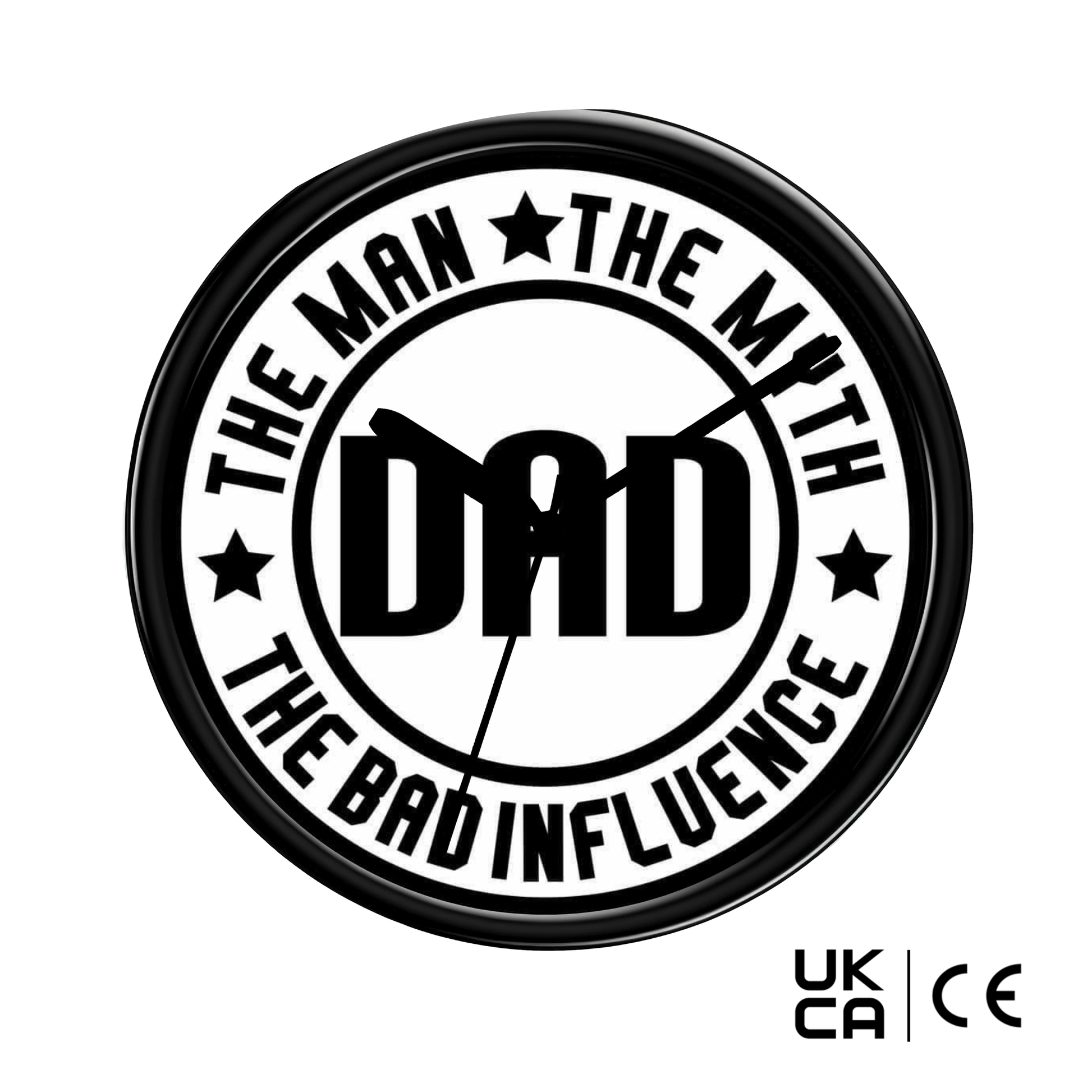 Circular badge with 'DAD' text and stars on a white background