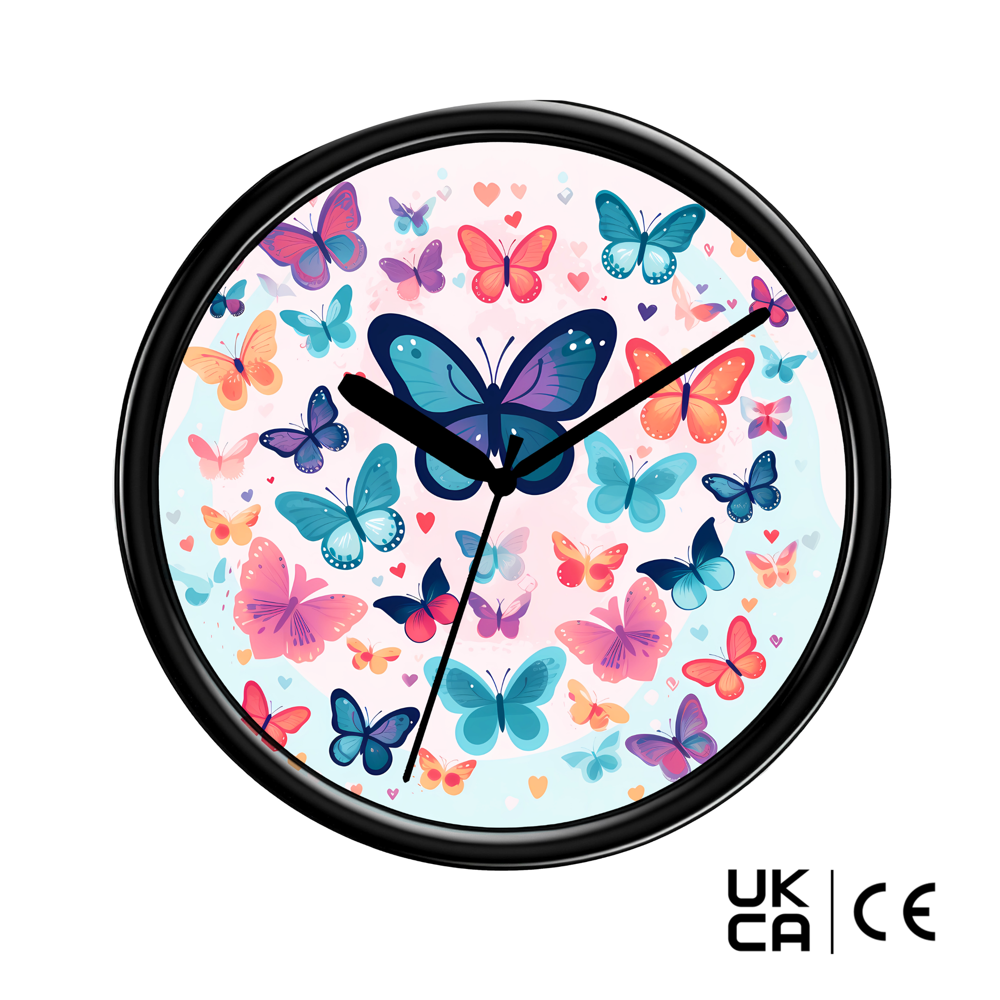 Wall clock with colorful butterfly design on a white background