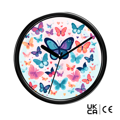 Wall clock with colorful butterfly design on a white background