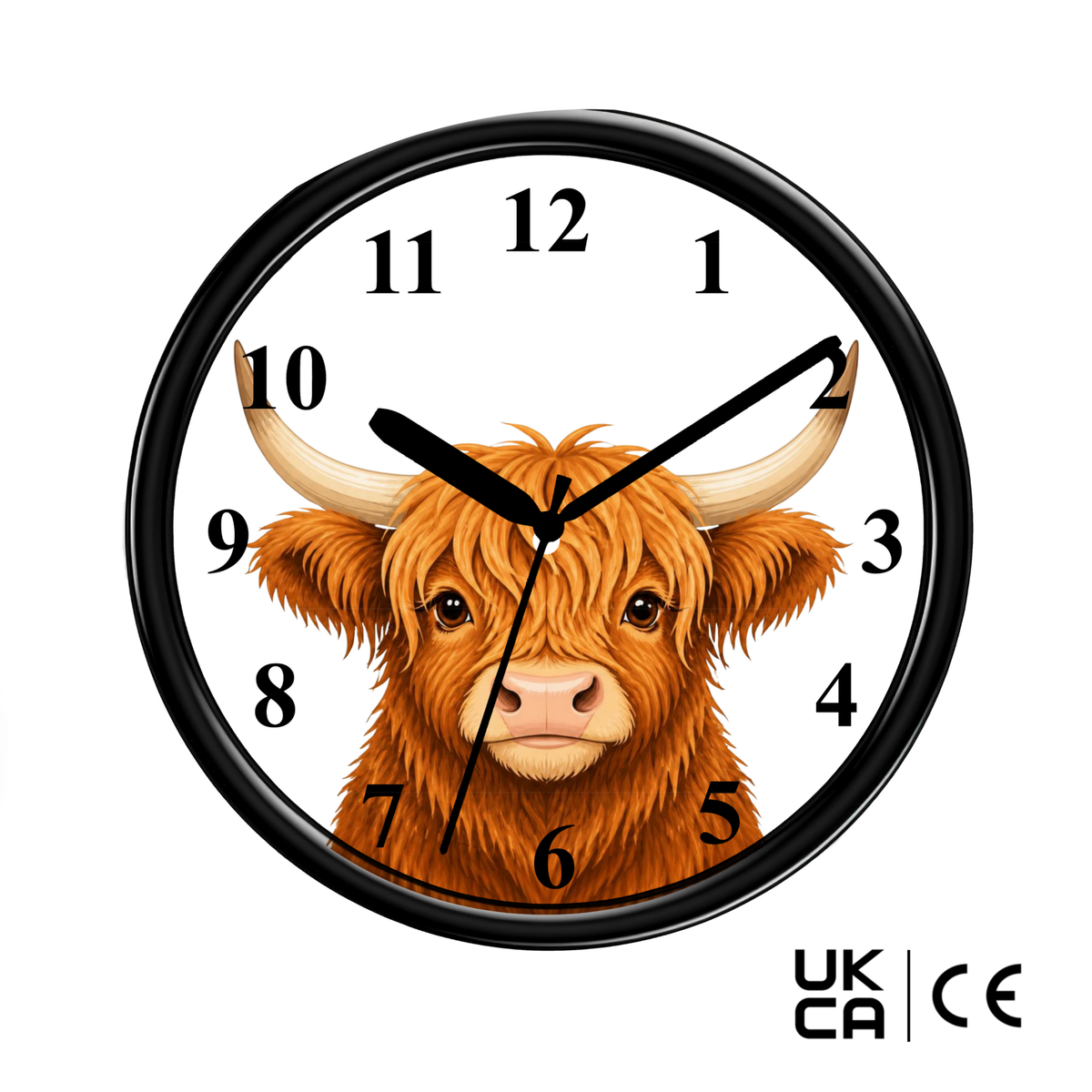A round wall clock with a black frame and a white face featuring a detailed illustration of a brown highland cow. The clock has black Arabic numerals and black hands.