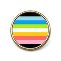 Gold badge on a white background featuring the queer pride flag