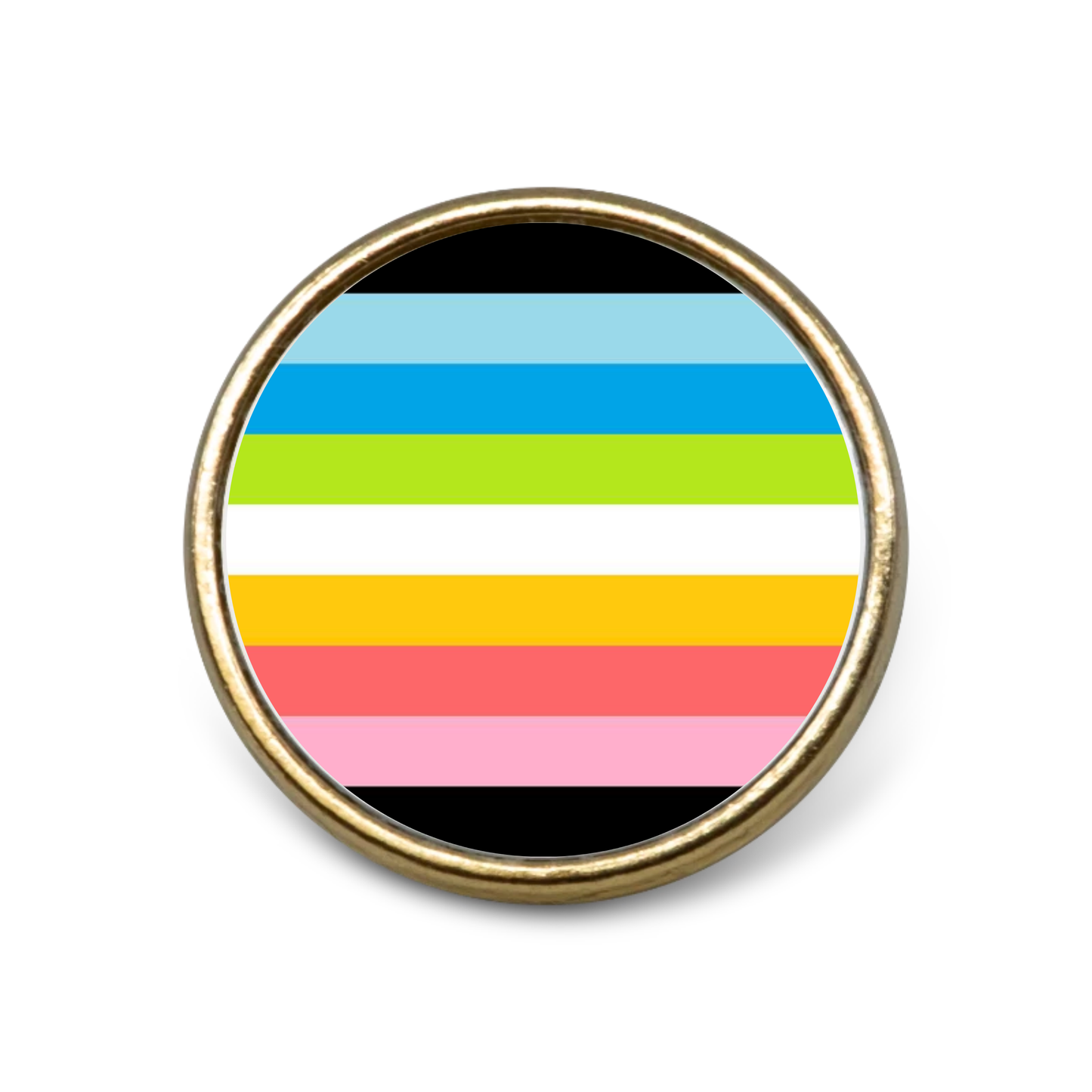 Gold badge on a white background featuring the queer pride flag