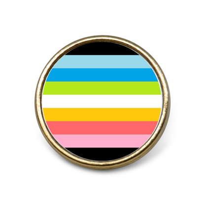 Gold badge on a white background featuring the queer pride flag