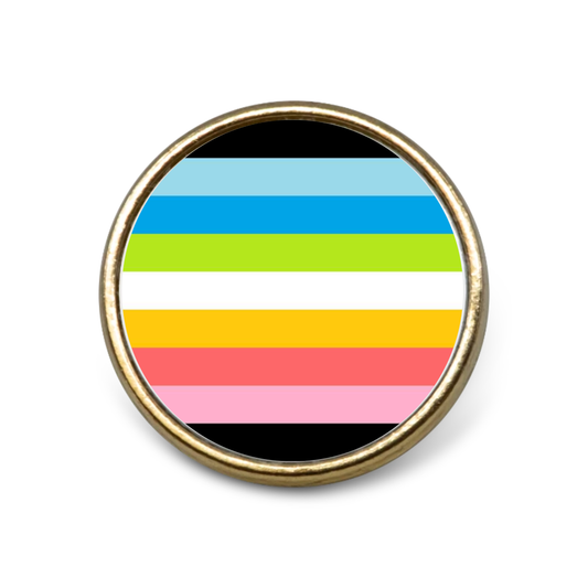 Gold badge on a white background featuring the queer pride flag