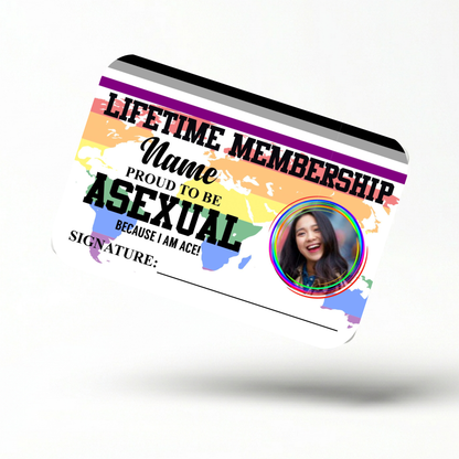 Card with asexual pride design, rainbow colors, and a photo of a smiling person.