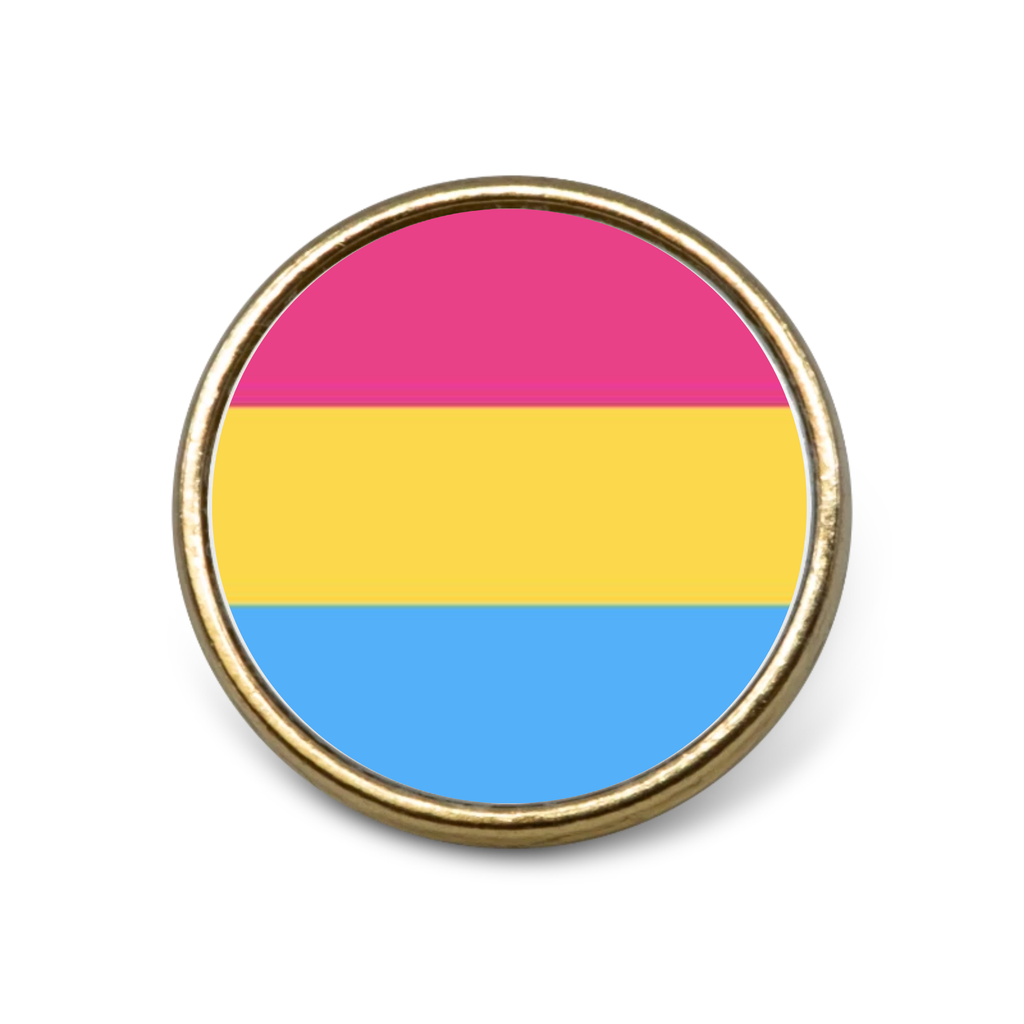 Gold metal lapel badge featuring the pansexual flag