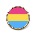 Gold metal lapel badge featuring the pansexual flag