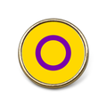 Round badge with yellow background and purple circle on a white background