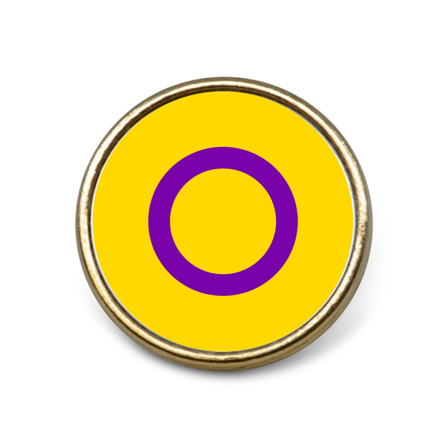 Round badge with yellow background and purple circle on a white background