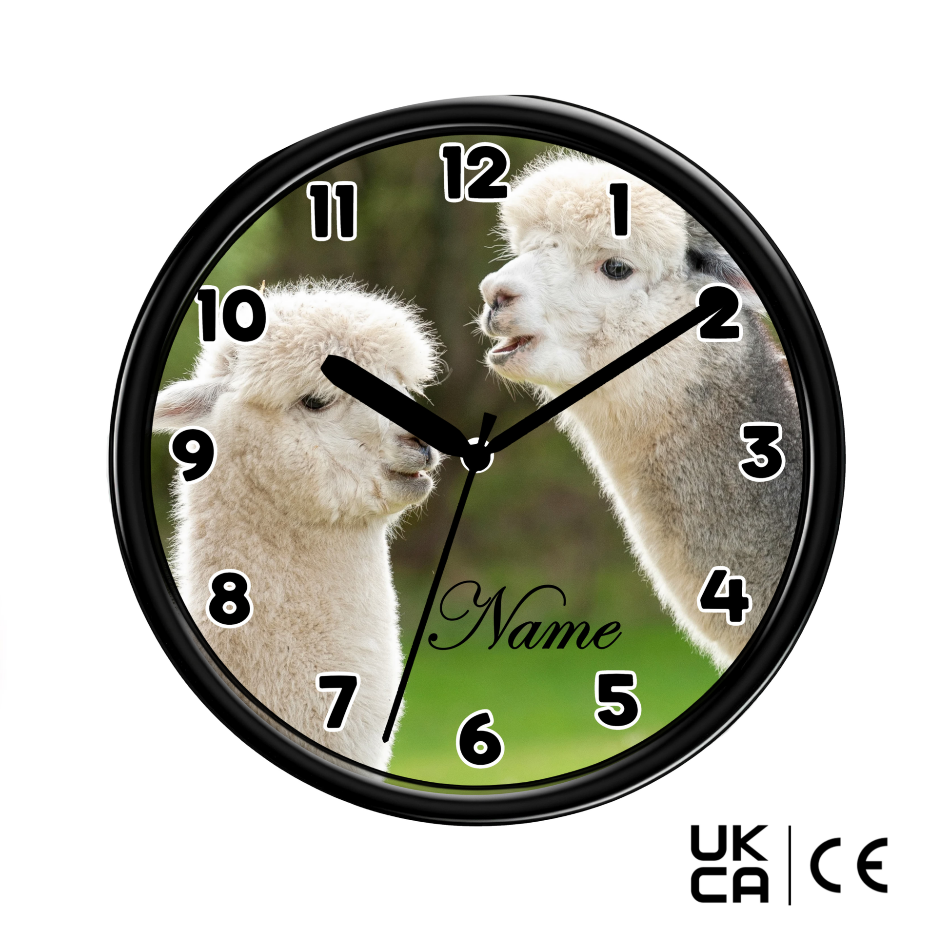 Wall clock with two alpacas on the face, customizable name option, UKCA and CE marks.