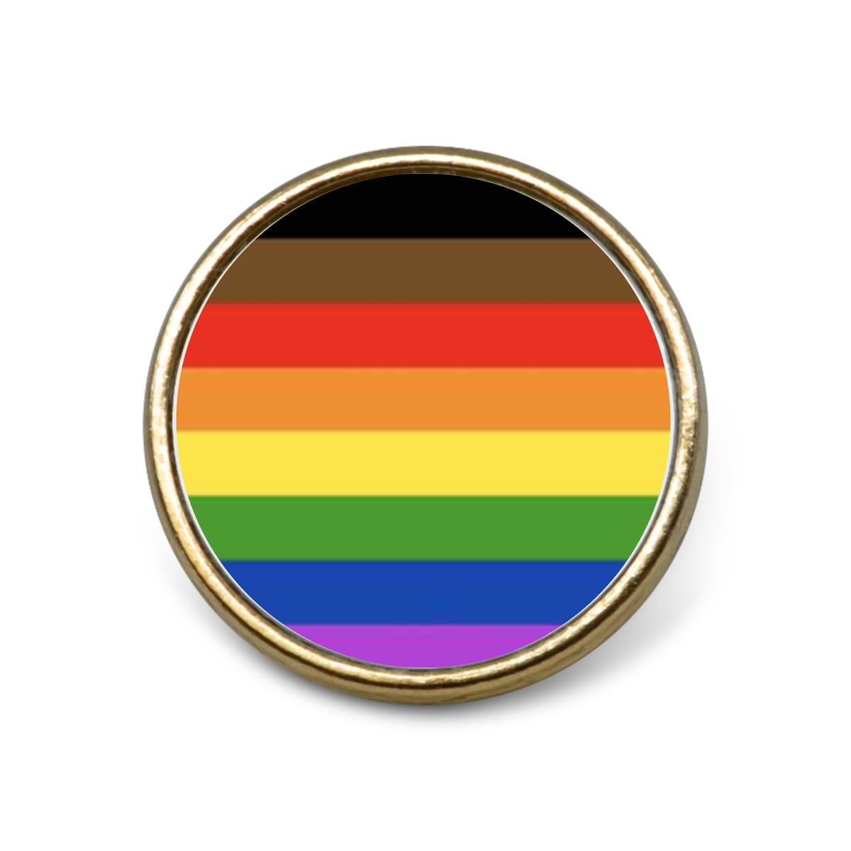 More colour More Pride Flag on a gold lapel pin badge with clasp