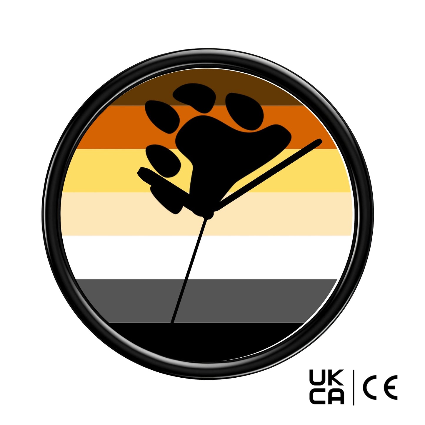 Bear Pride Wall Clock with paw print design on a striped background, featuring UKCA and CE logos.