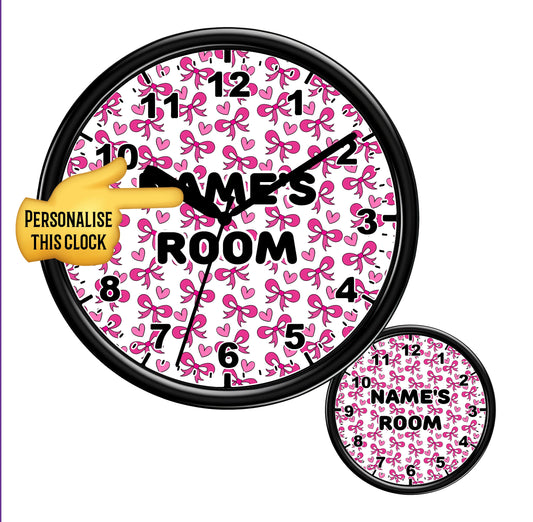 Wall clock with pink bow pattern on a white background Personalised with any name