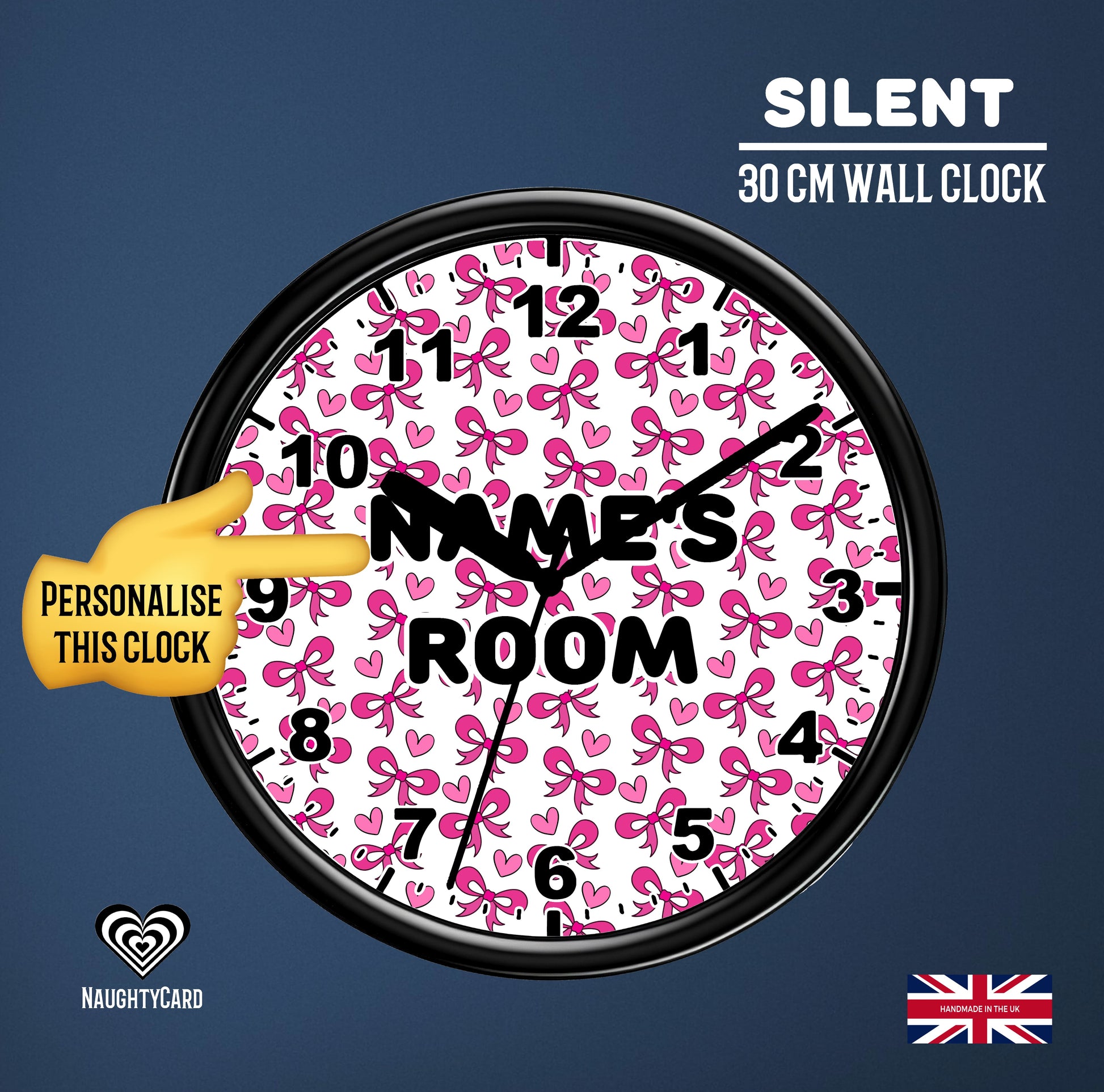 Wall clock with pink bow pattern and text 'NAME'S ROOM' on a blue background