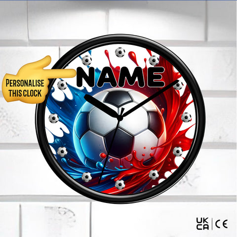 Personalised Wall clock from Naughtycard featuring a football in red and blue splash
