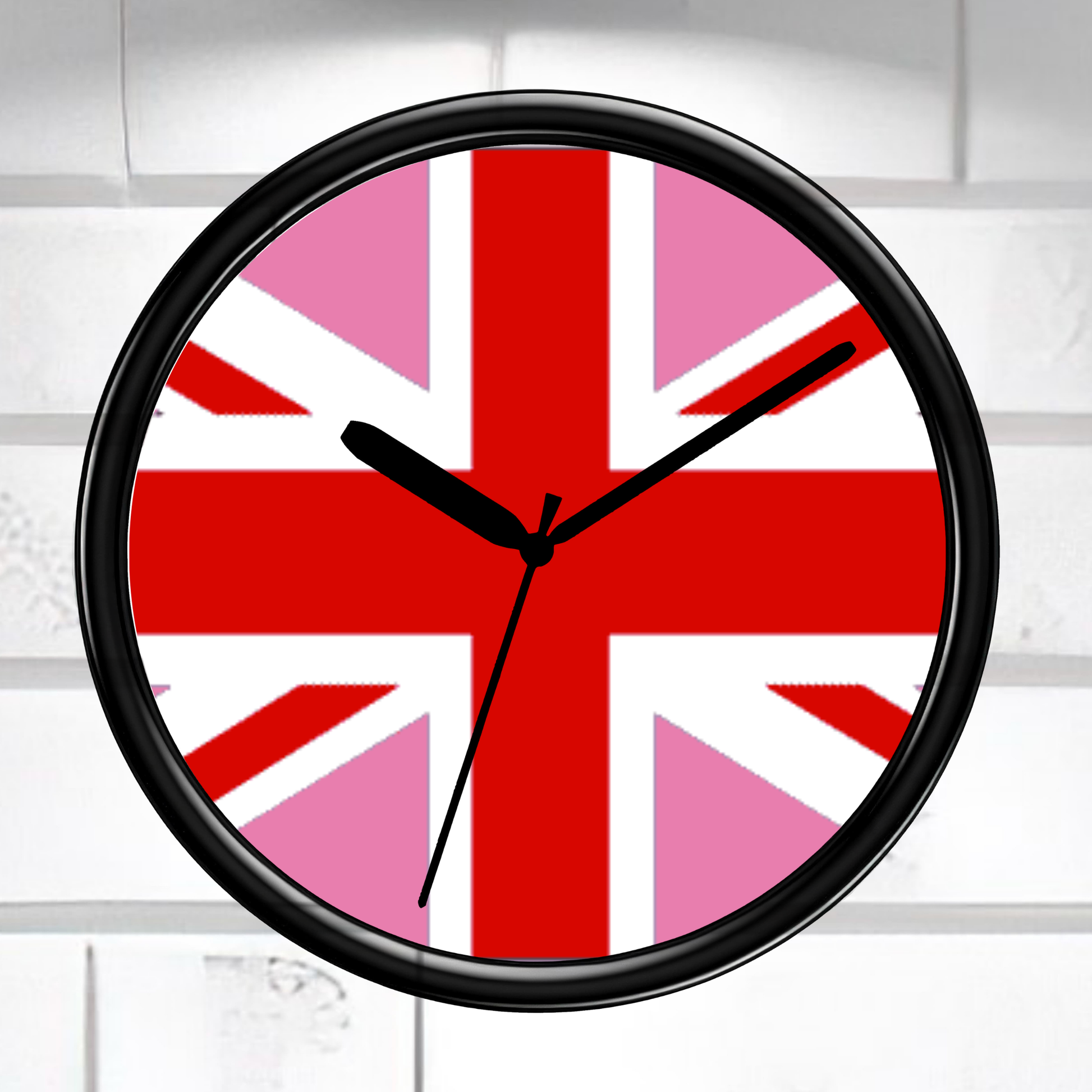 Wall clock with Union Jack design on a white brick wall background