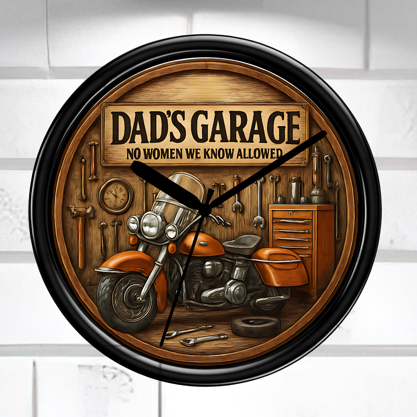 Wall clock with a motorcycle and tool-themed design, featuring the text 'Dad's Garage No Women We Know Allowed'.