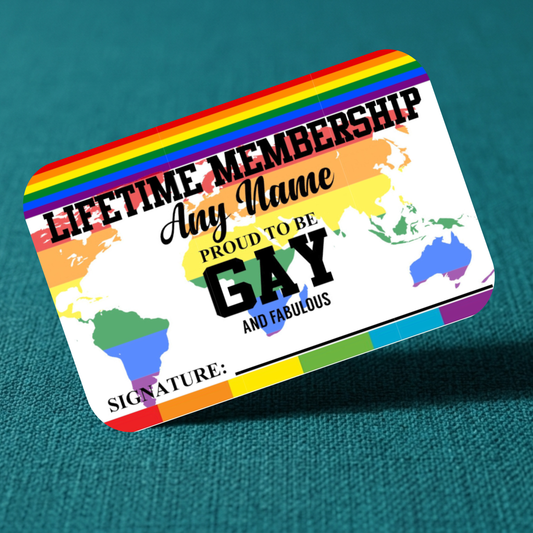 Personalised gay pride lifetime membership card — proud to be gay and fabulous — LGBTQ+ gift by The Smitten Society