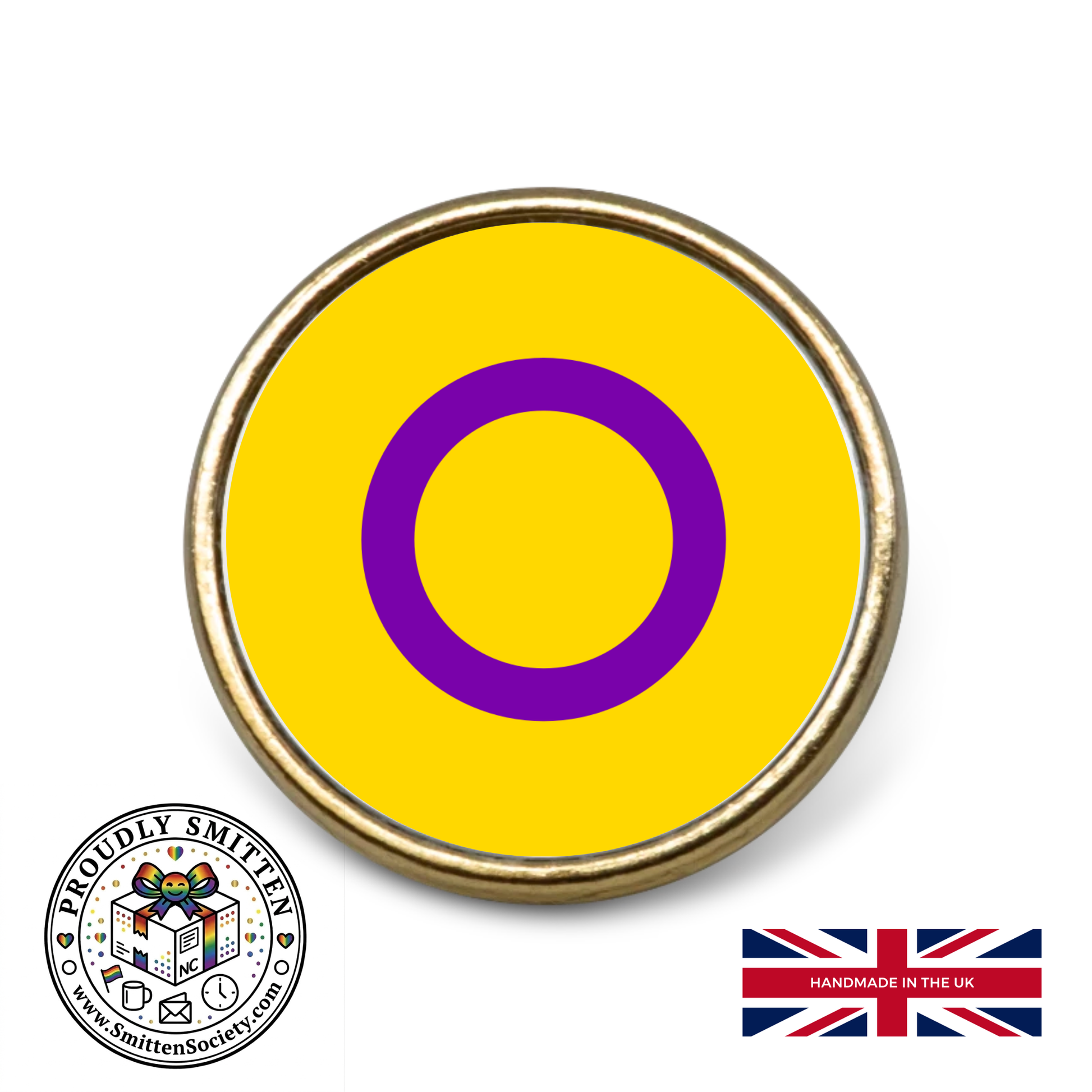 Intersex Yellow and purple circle design on a white background with 'Proudly Smitten' logo and British flag.