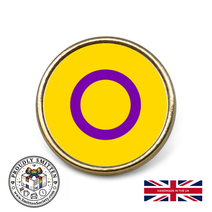 Intersex Yellow and purple circle design on a white background with 'Proudly Smitten' logo and British flag.