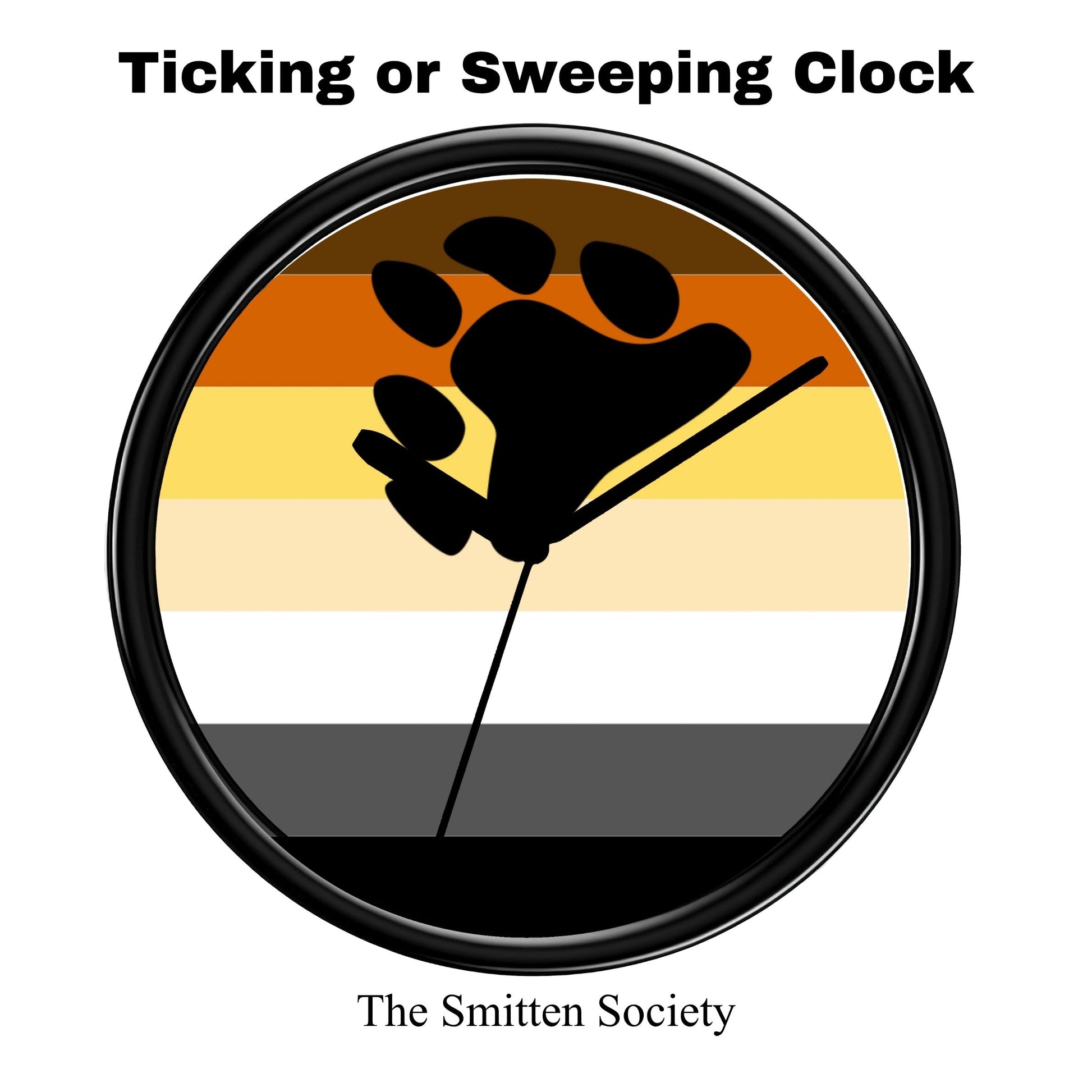 Gay Bear Pride Wall Clock with paw holding a clock hand, set against a rainbow flag background, with 'The Smitten Society' branding.