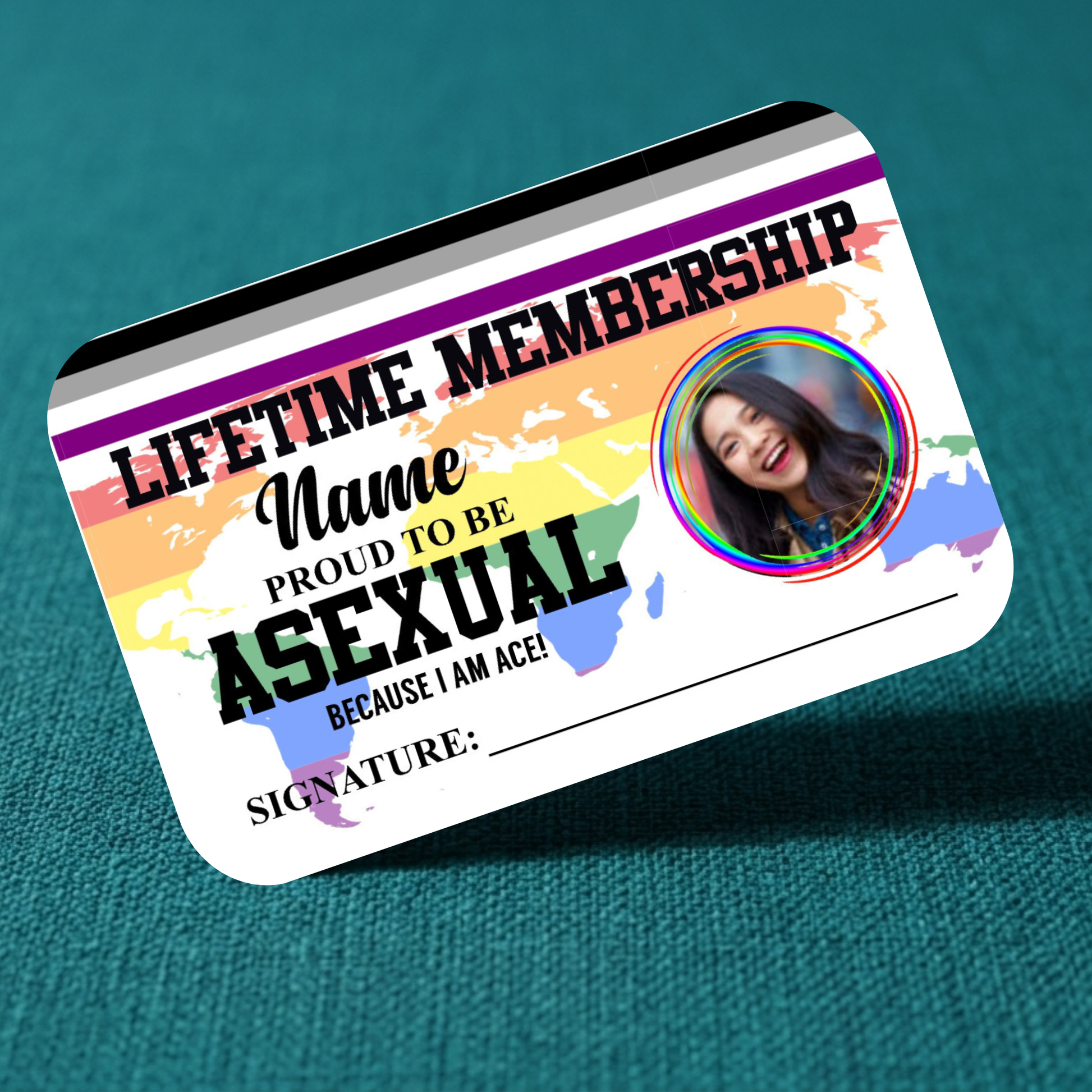 Membership card for asexual pride with rainbow colors on a teal background
