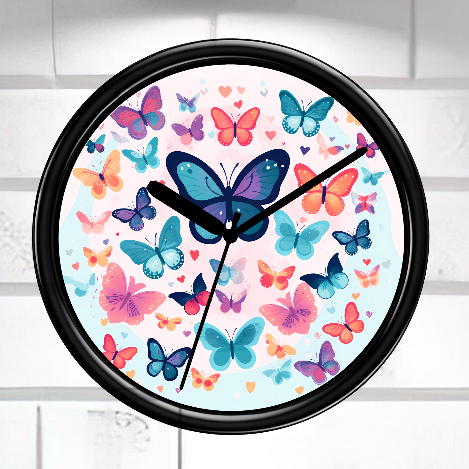 Wall clock with colorful butterfly design on a light background