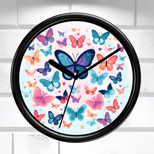 Wall clock with colorful butterfly design on a light background
