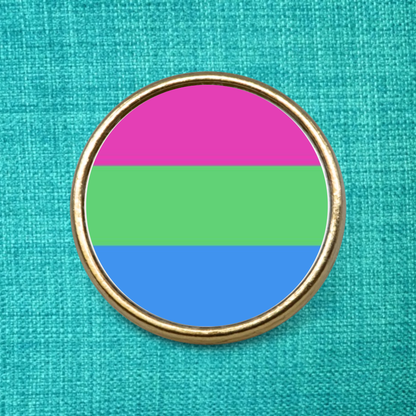 Gold Lapel Pin Badge on a green textured background featuring the Polysexual Pride Flag