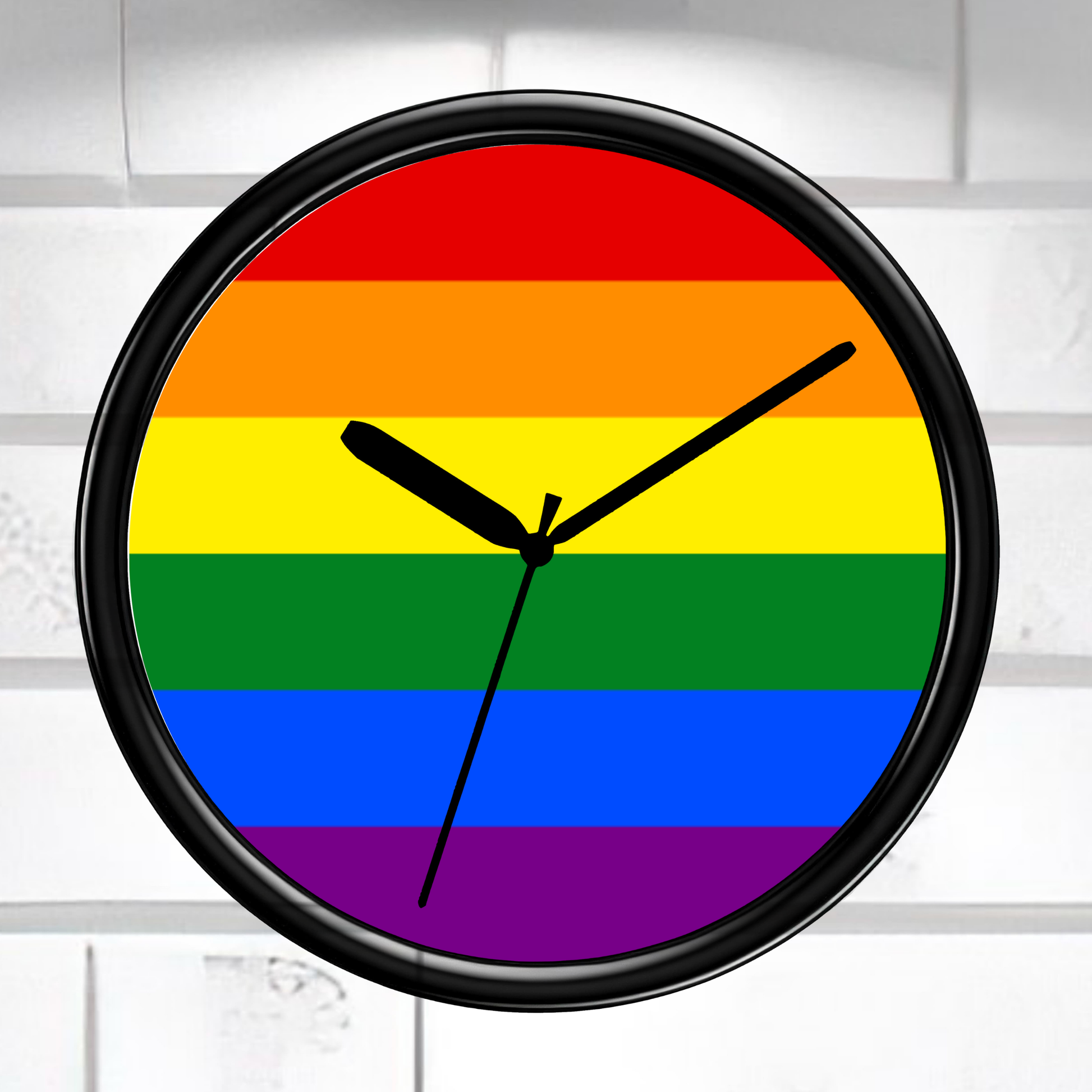 Round clock with rainbow flag design on a white brick wall background