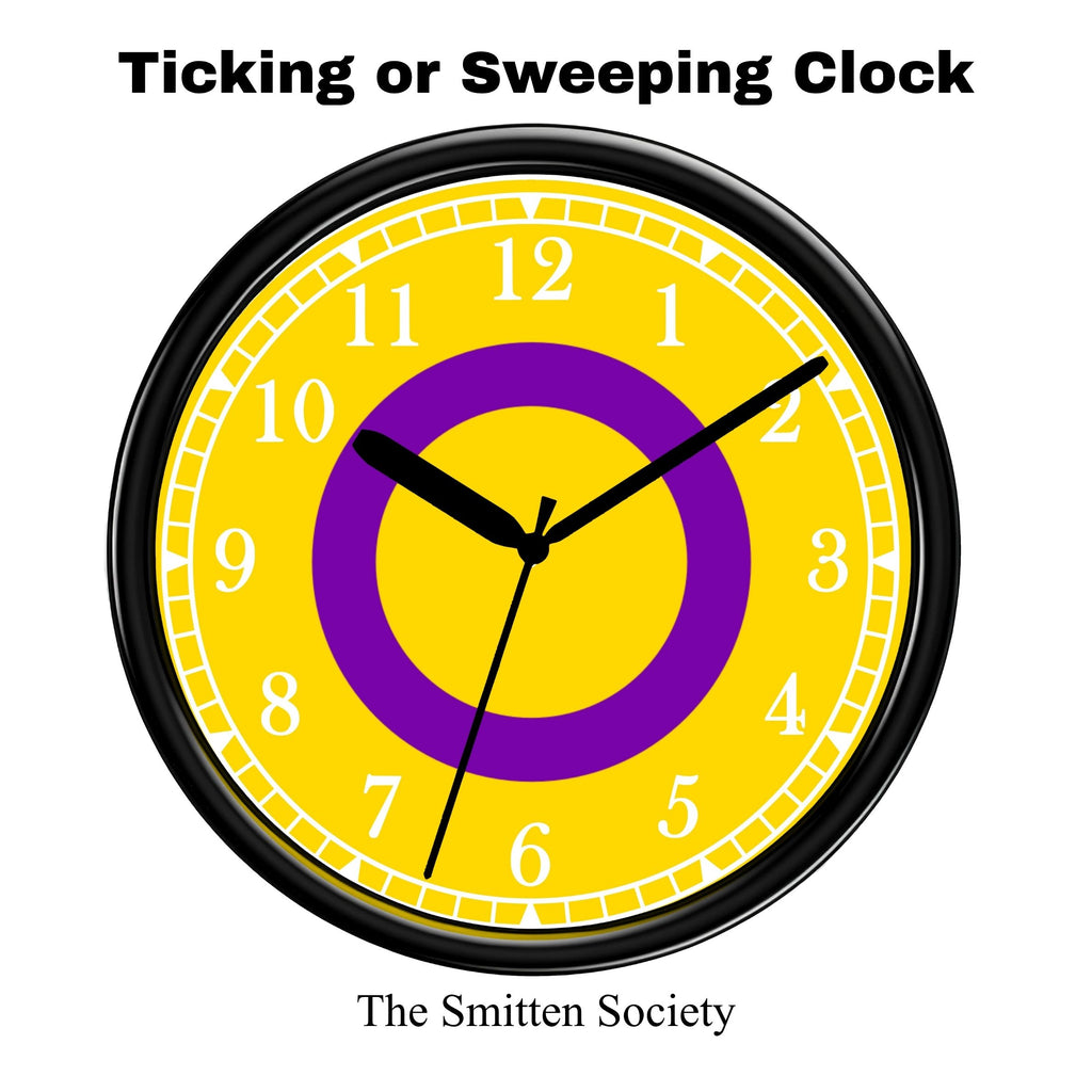 Yellow clock with a purple center and black frame on a white background, featuring text 'Ticking or Sweeping Clock' and 'The Smitten Society'.