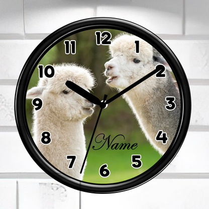 Wall clock with two alpacas on the face, customizable name text.