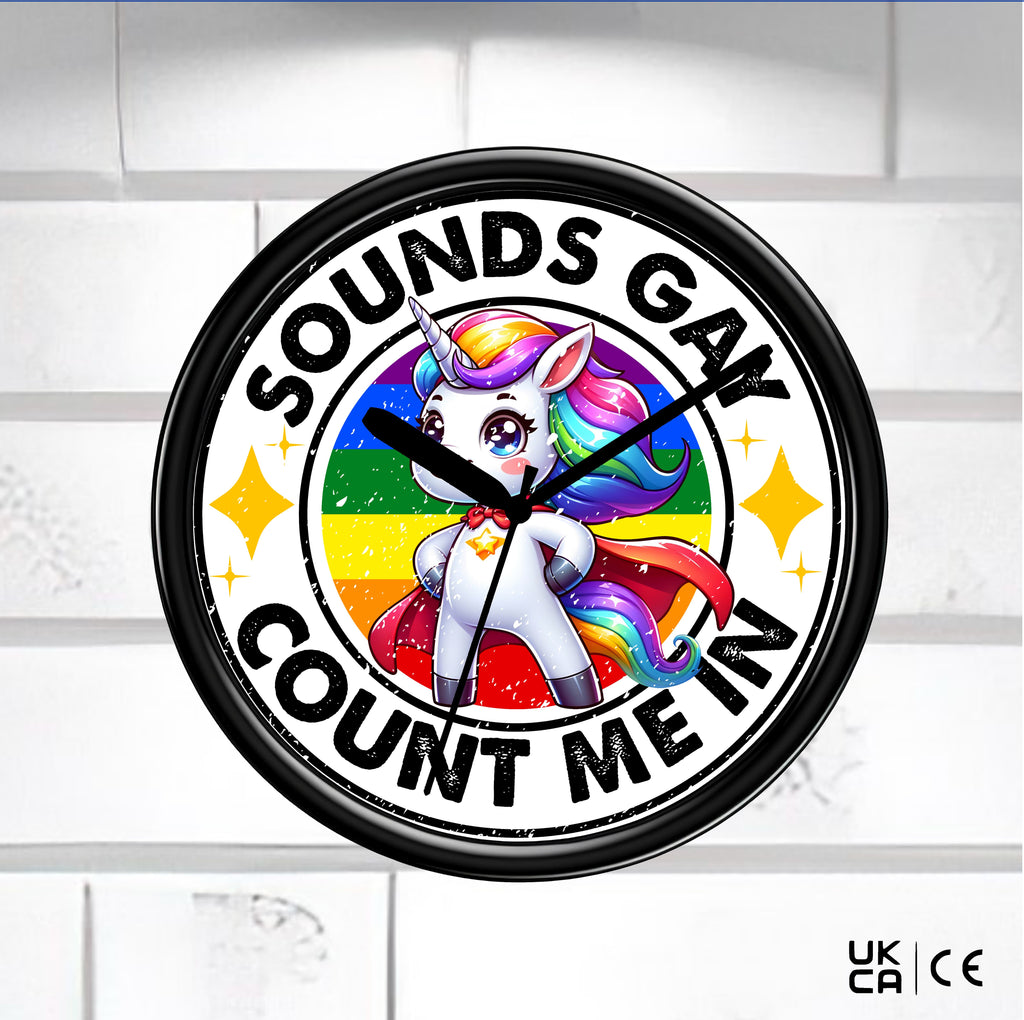 Gay Wall Clock - Black Clock on a white tiled background