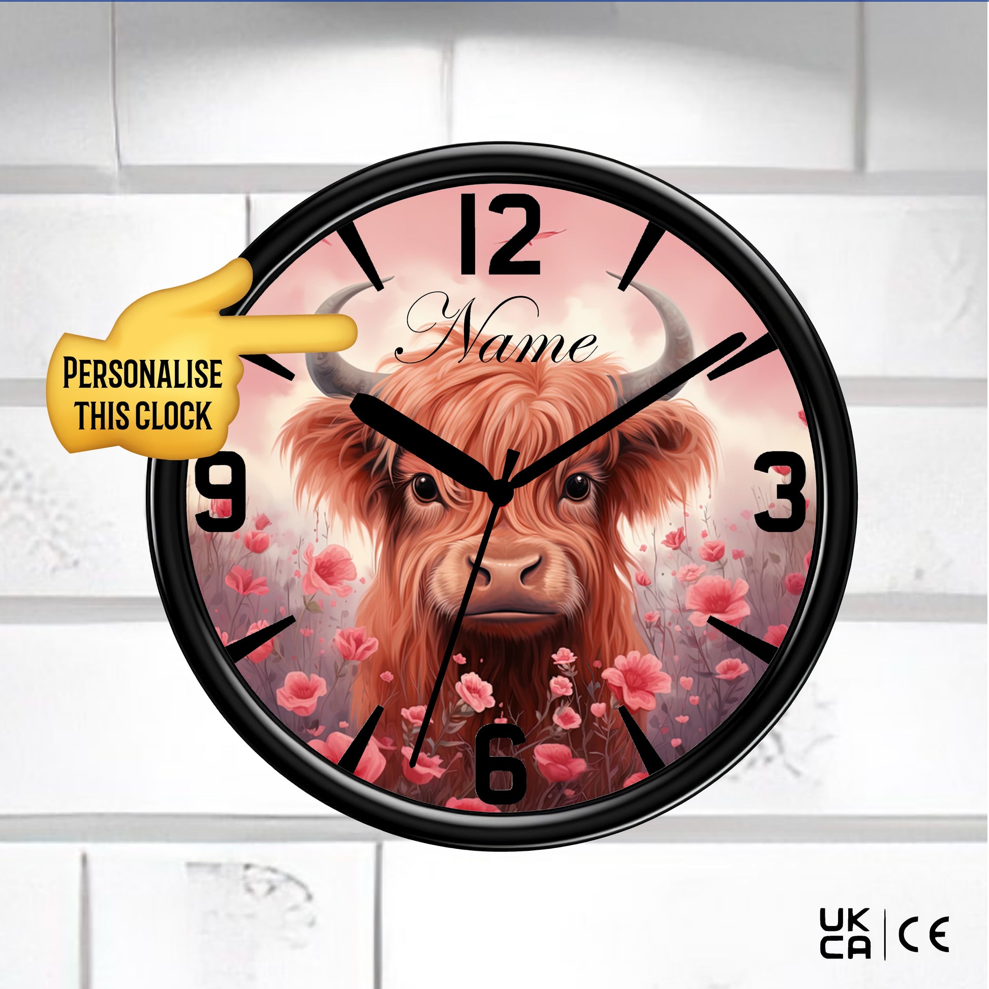 Highland Cow Wall Clock Personalised With Any Name - Black Wall Clock on a white tiled Wall