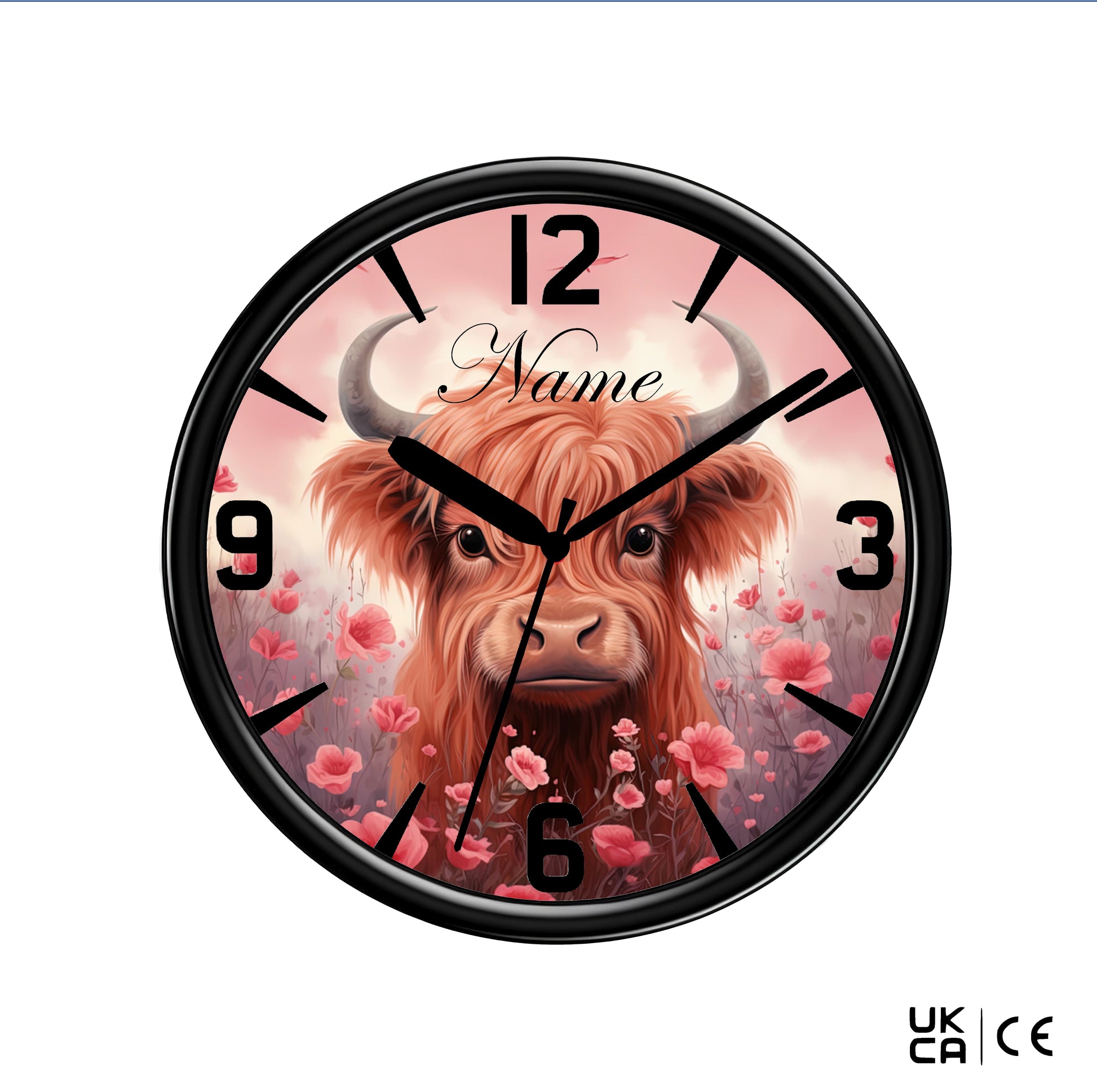 Personalised Gift - Highland Cow Wall clock on a solid White Background