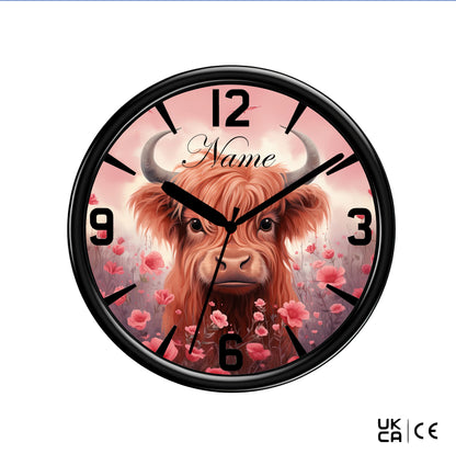 Personalised Gift - Highland Cow Wall clock on a solid White Background