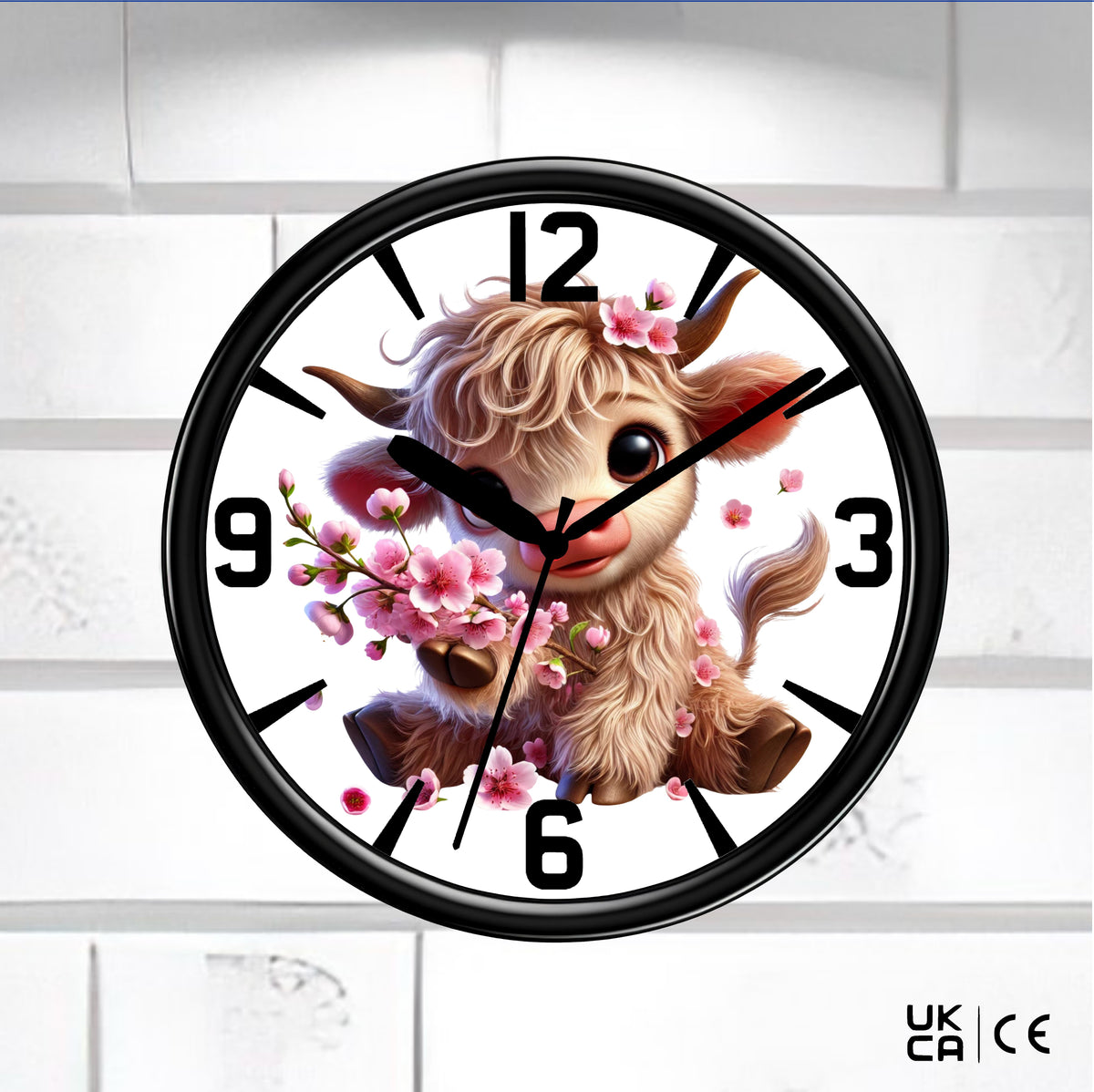 Baby Highland Cow Wall Clock on a tiled white background