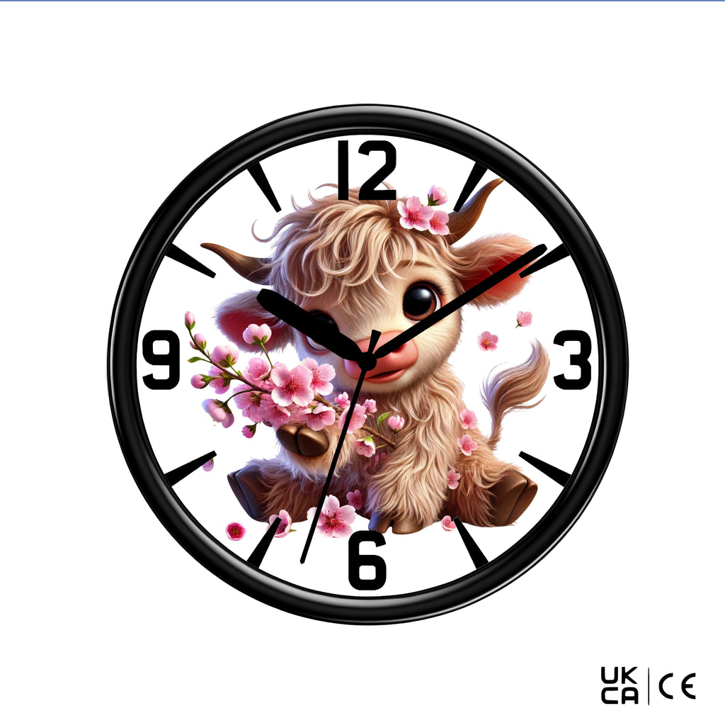 Cute Highland Cow Wall Clock on a plain white background featuring the UKCA and CE logo